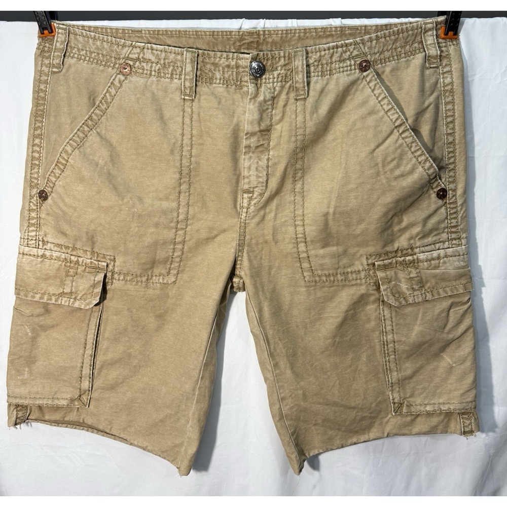 True Religion Mens Tan Khaki Cargo Shorts Horseshoe Logo Size 44 Utility Cotton